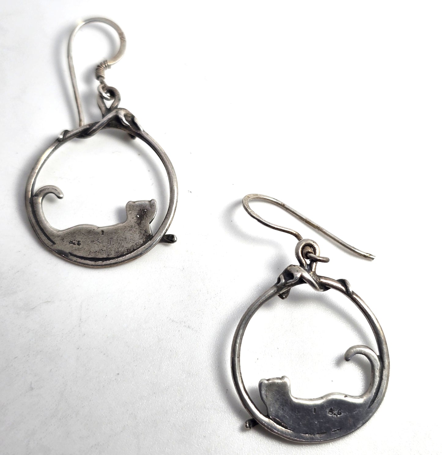Cat and mouse playing sterling silver large hoop vintage Earrings