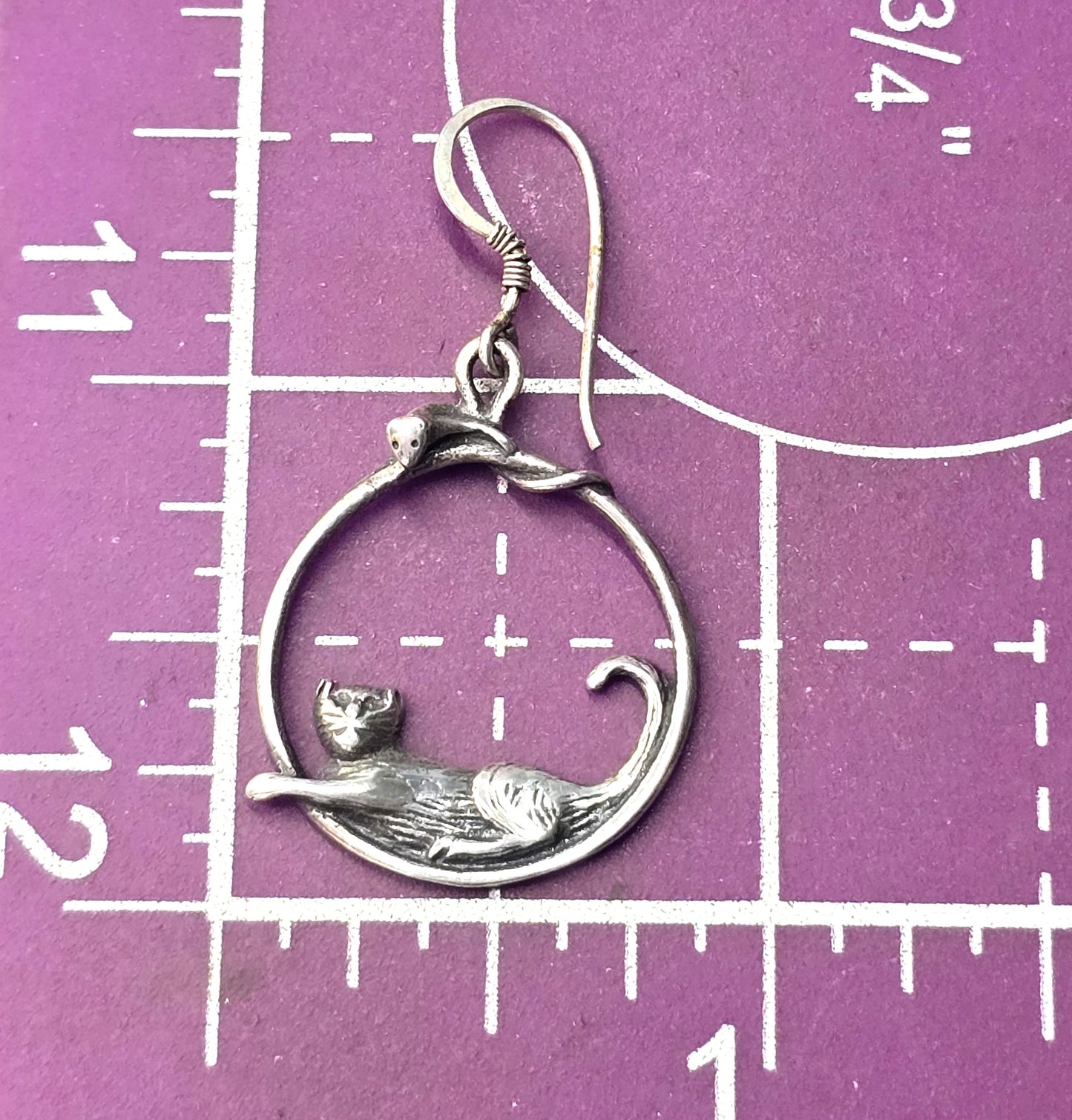 Cat and mouse playing sterling silver large hoop vintage Earrings
