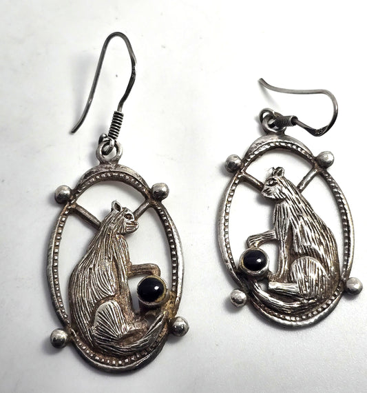 WTS Cat in frame with black yarn ball kitty sterling silver earrings
