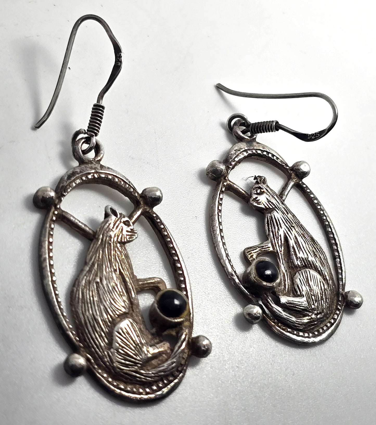WTS Cat in frame with black yarn ball kitty sterling silver earrings