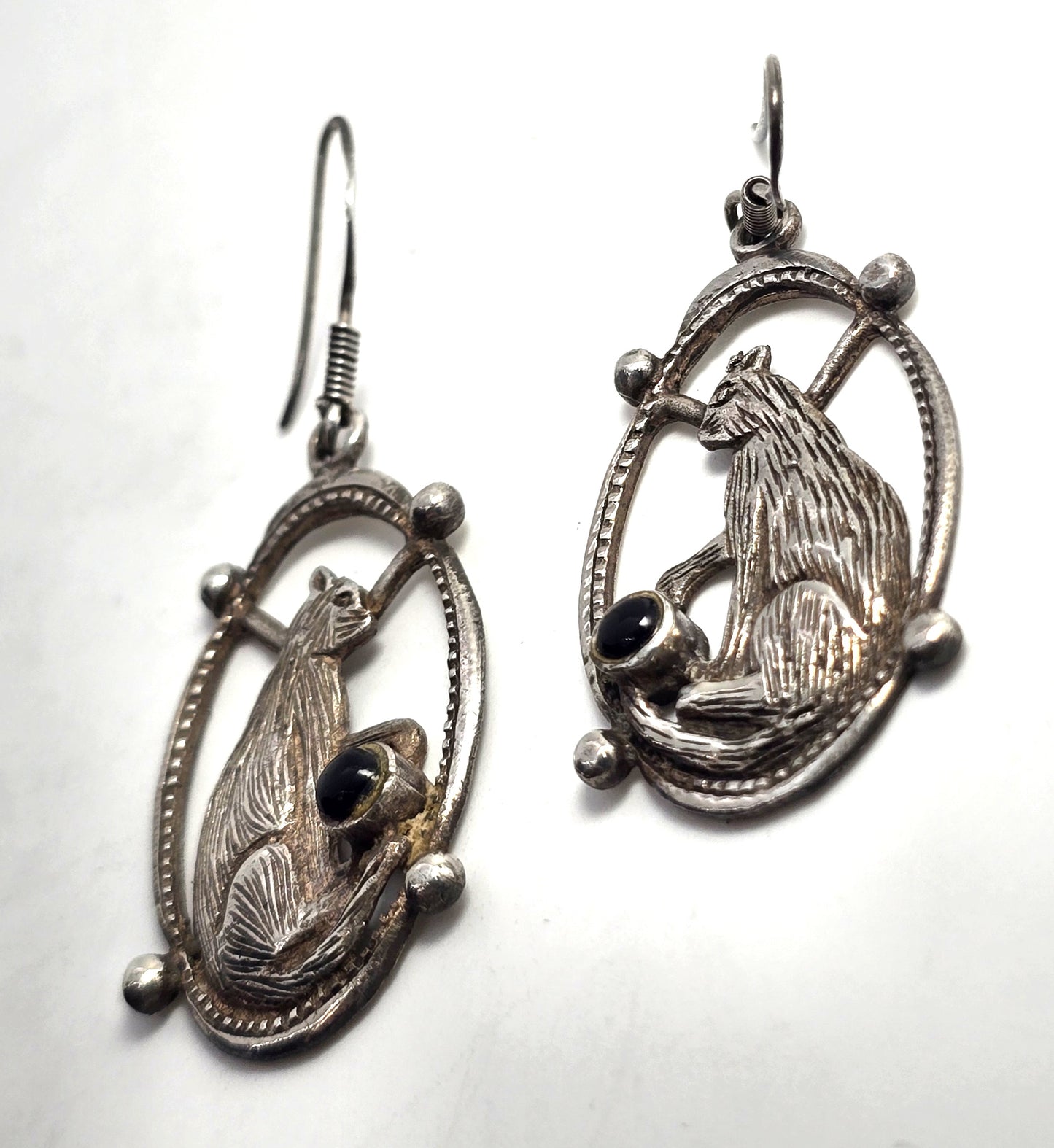 WTS Cat in frame with black yarn ball kitty sterling silver earrings