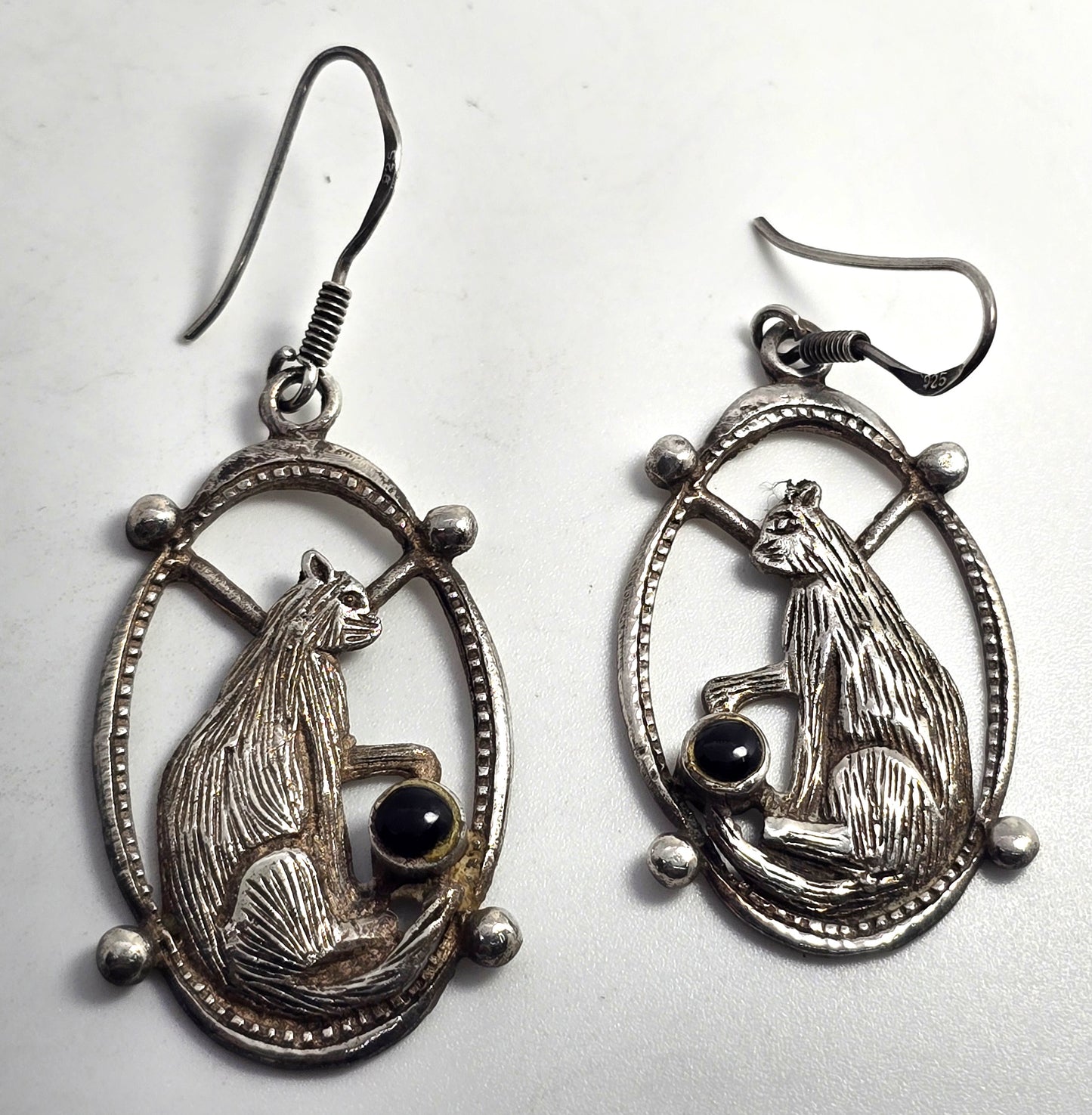 WTS Cat in frame with black yarn ball kitty sterling silver earrings