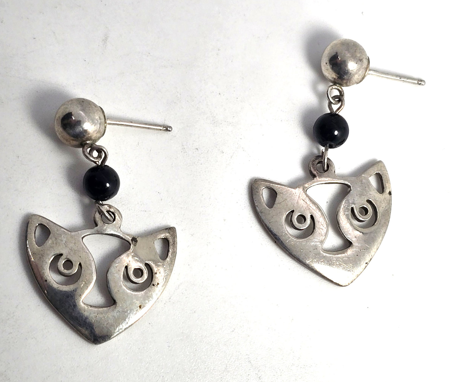 A.B.E. sterling silver dangle black onyx bead and a modernist cat earrings