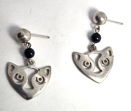 A.B.E. sterling silver dangle black onyx bead and a modernist cat earrings