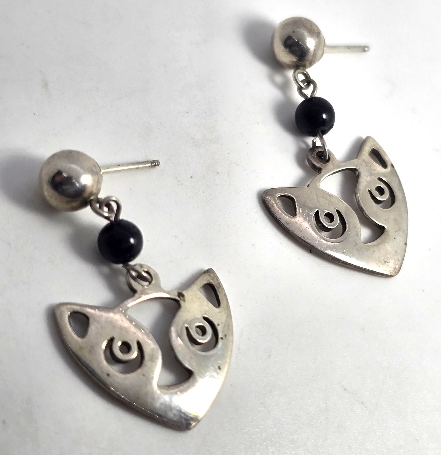 A.B.E. sterling silver dangle black onyx bead and a modernist cat earrings