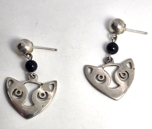 A.B.E. sterling silver dangle black onyx bead and a modernist cat earrings
