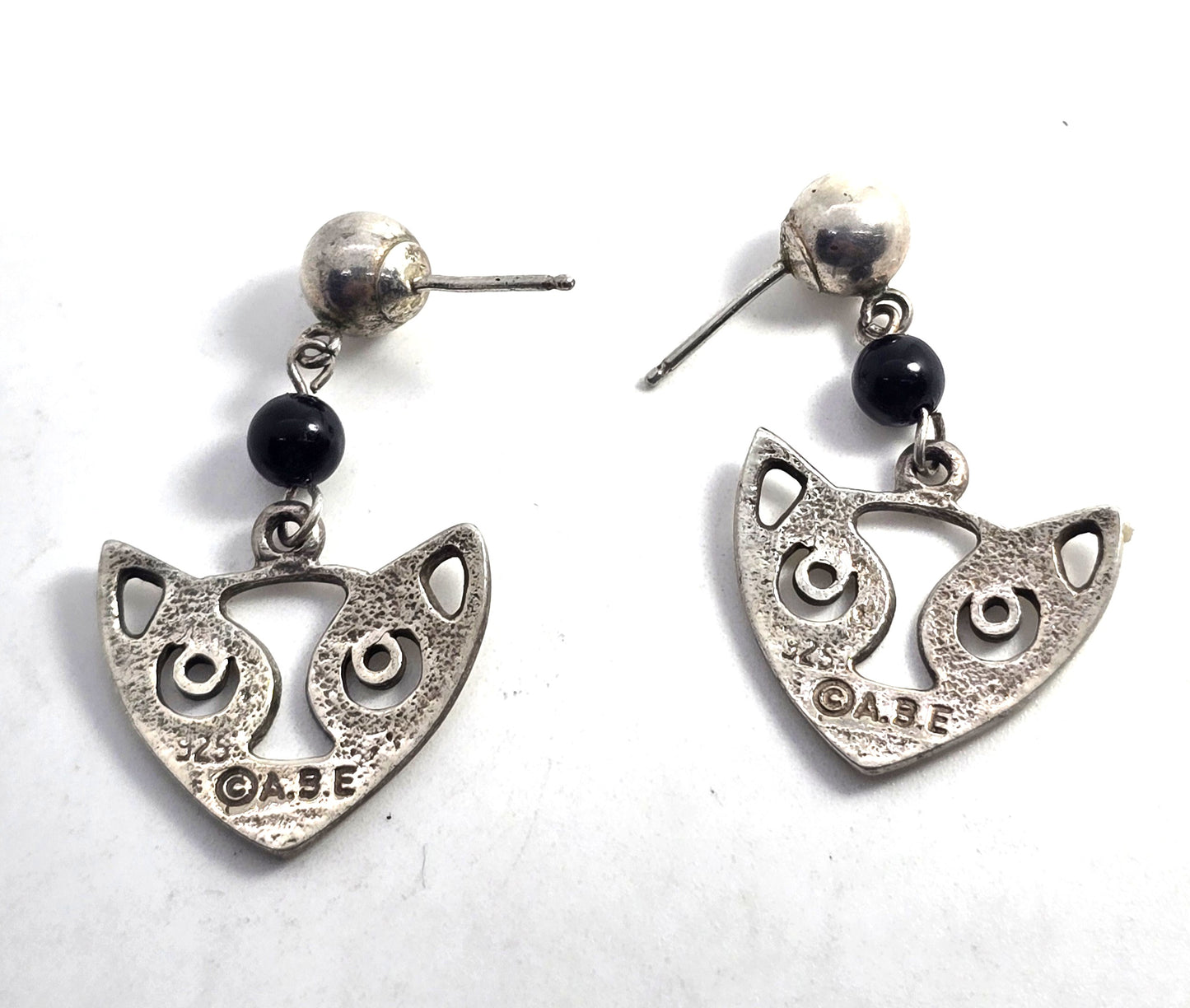 A.B.E. sterling silver dangle black onyx bead and a modernist cat earrings