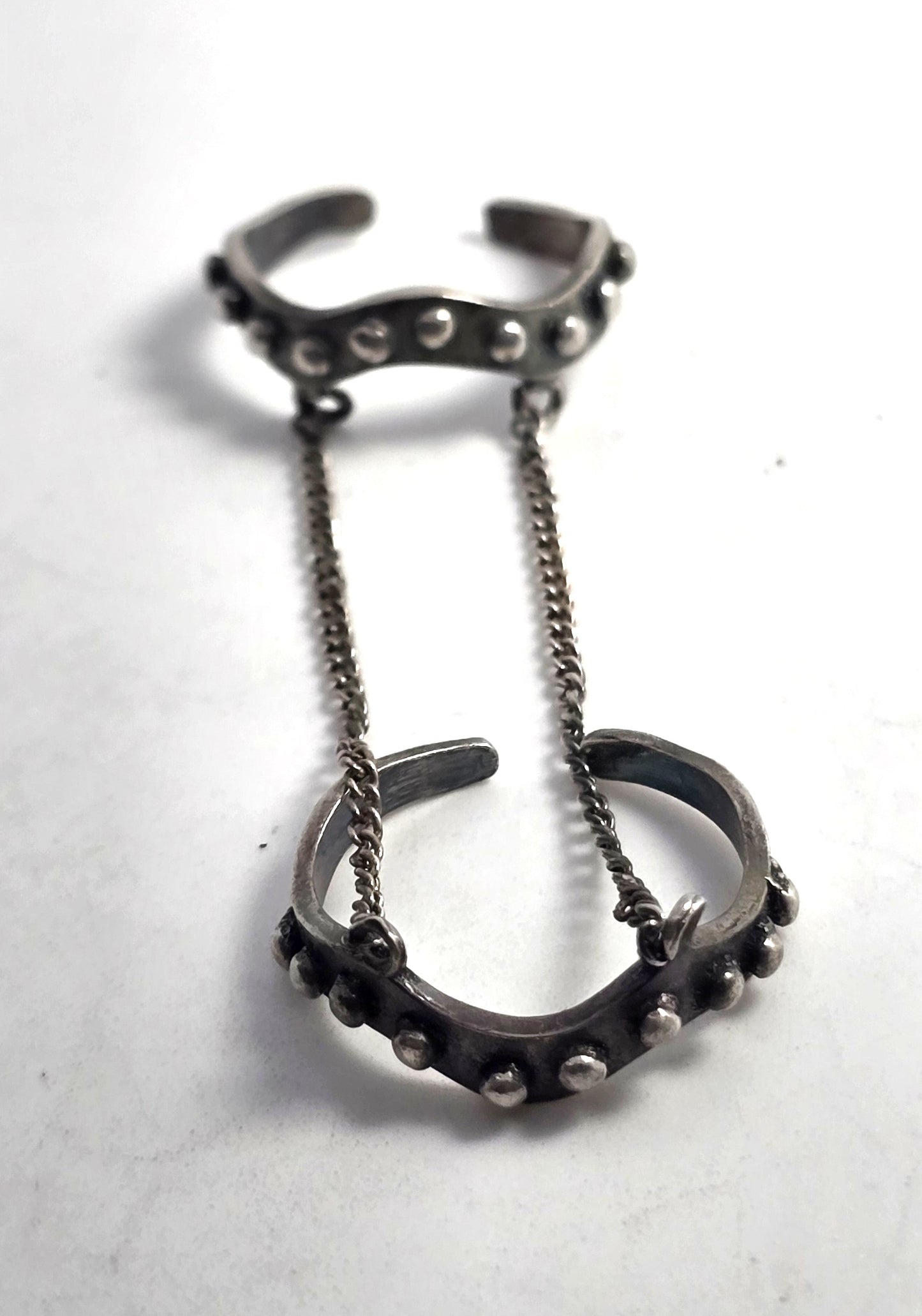 Tribal punk studded sterling silver vintage double ear cuff with connecting chains