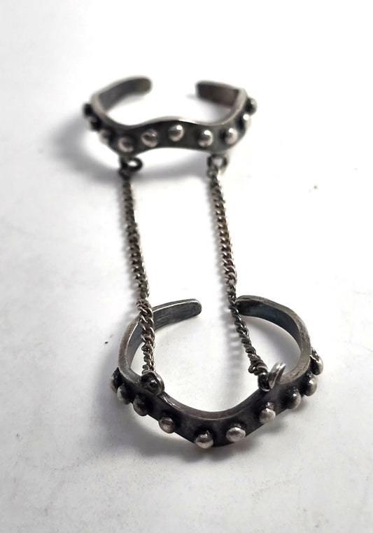 Tribal punk studded sterling silver vintage double ear cuff with connecting chains