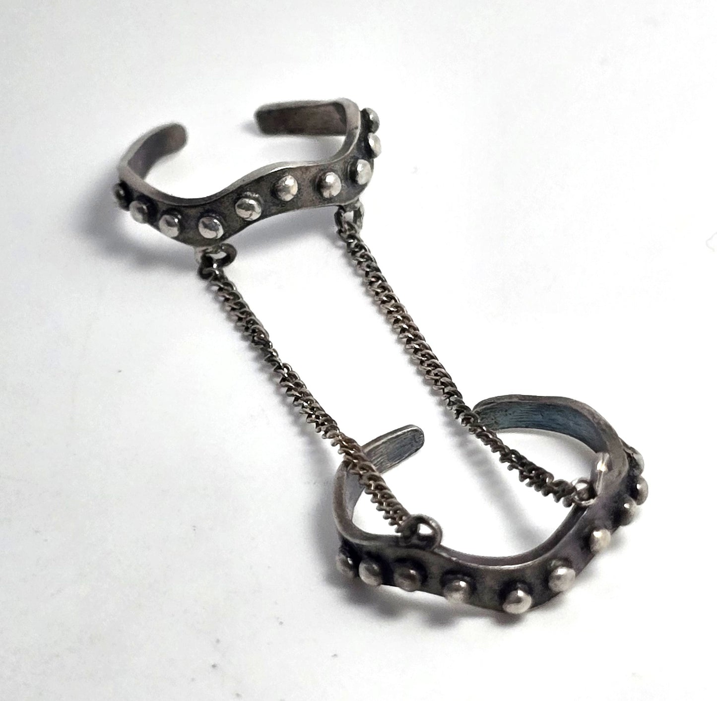 Tribal punk studded sterling silver vintage double ear cuff with connecting chains
