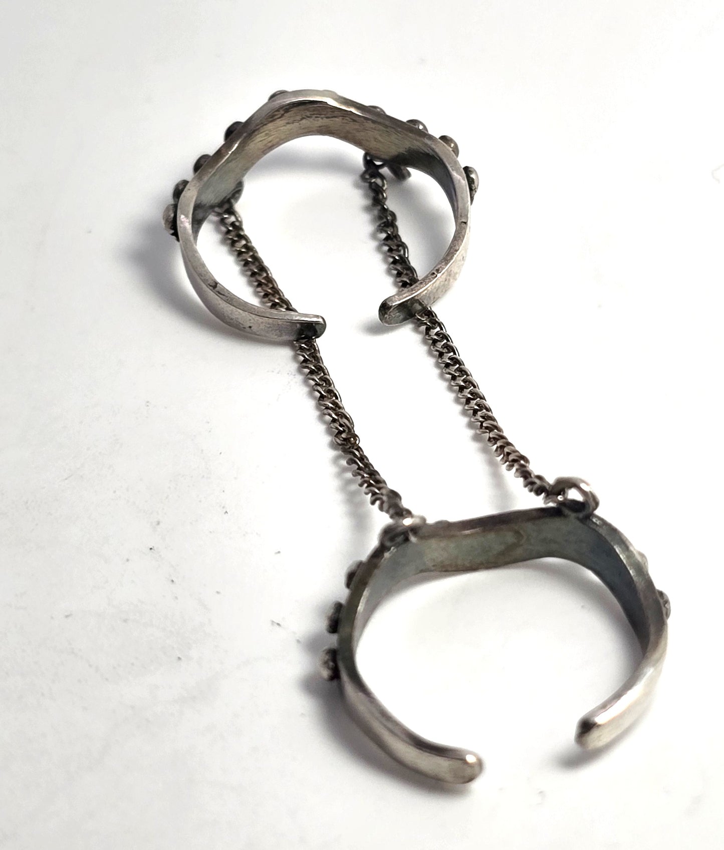 Tribal punk studded sterling silver vintage double ear cuff with connecting chains