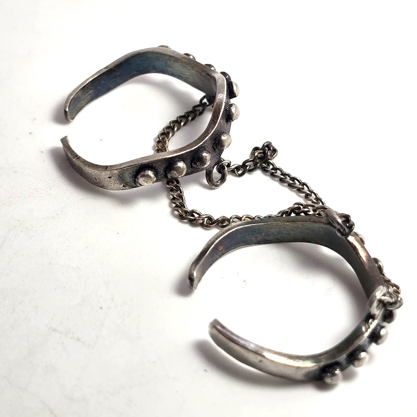 Tribal punk studded sterling silver vintage double ear cuff with connecting chains