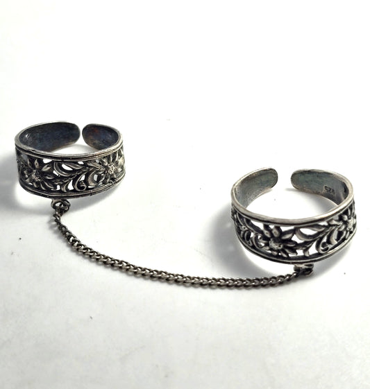 Daisy flower sterling silver vintage double ear cuff with connecting chain