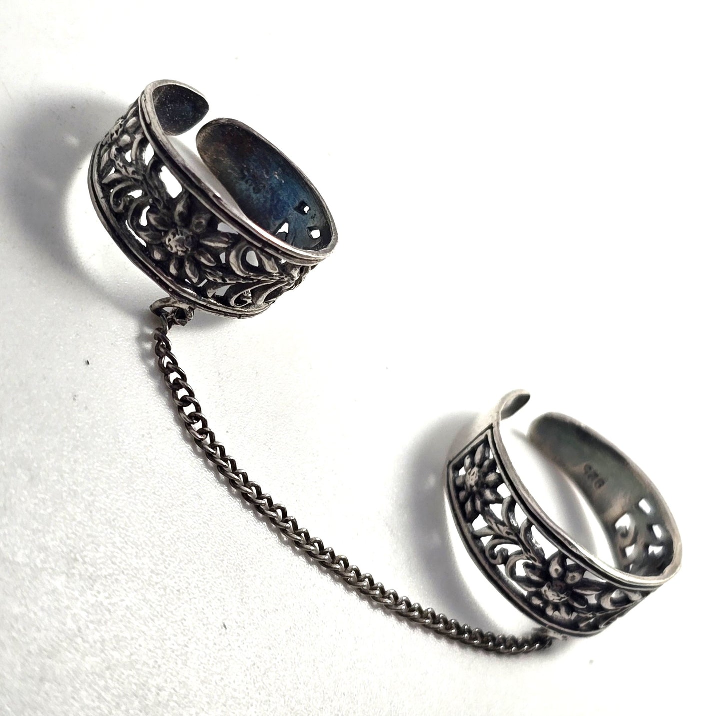 Daisy flower sterling silver vintage double ear cuff with connecting chain
