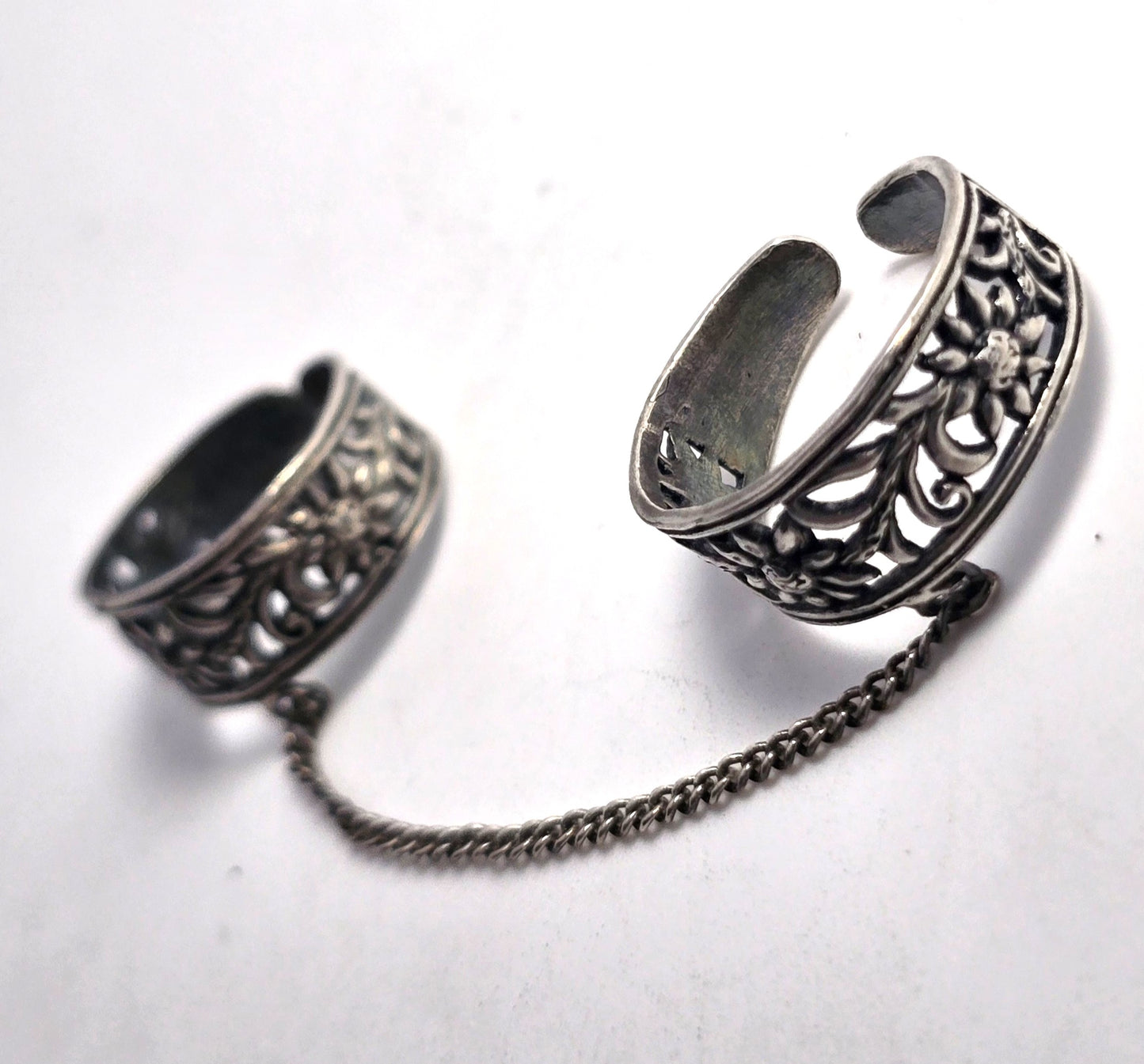 Daisy flower sterling silver vintage double ear cuff with connecting chain