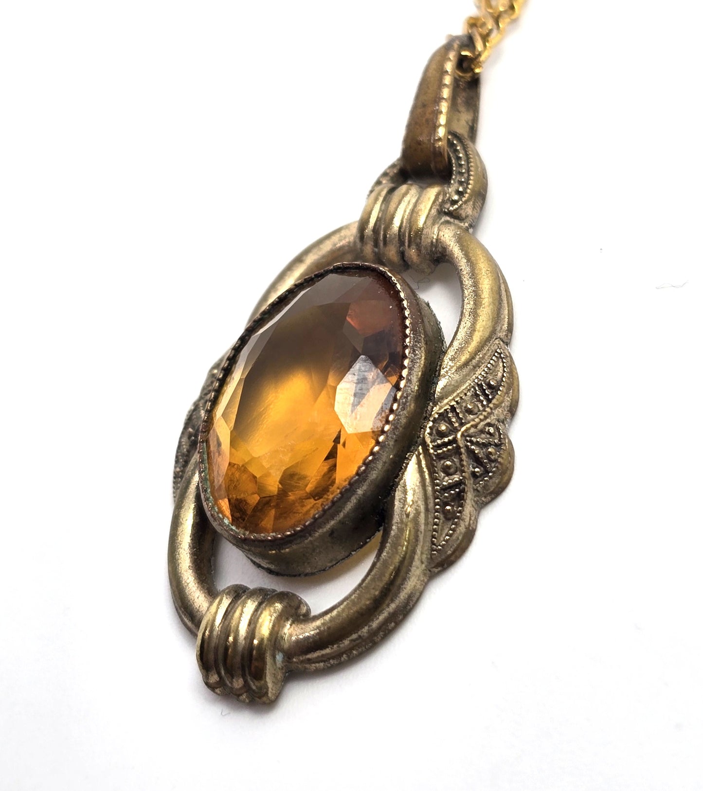 Victorian Orange Czech glass faceted pressed glass antique pendant necklace