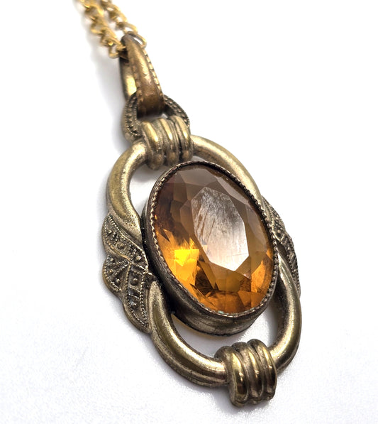Victorian Orange Czech glass faceted pressed glass antique pendant necklace