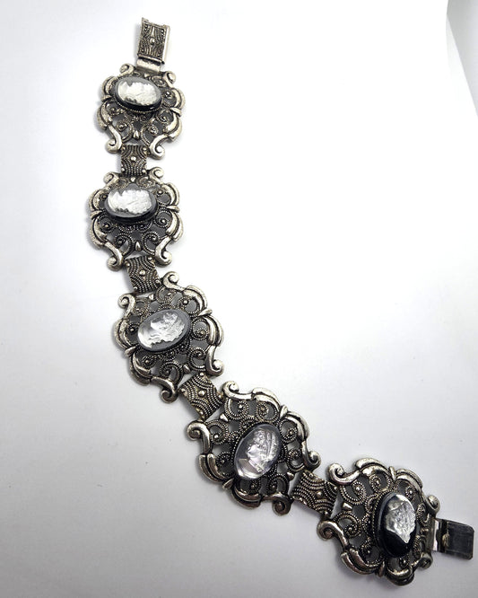 Victorian Revival black and white glass cameo vintage panel bracelet