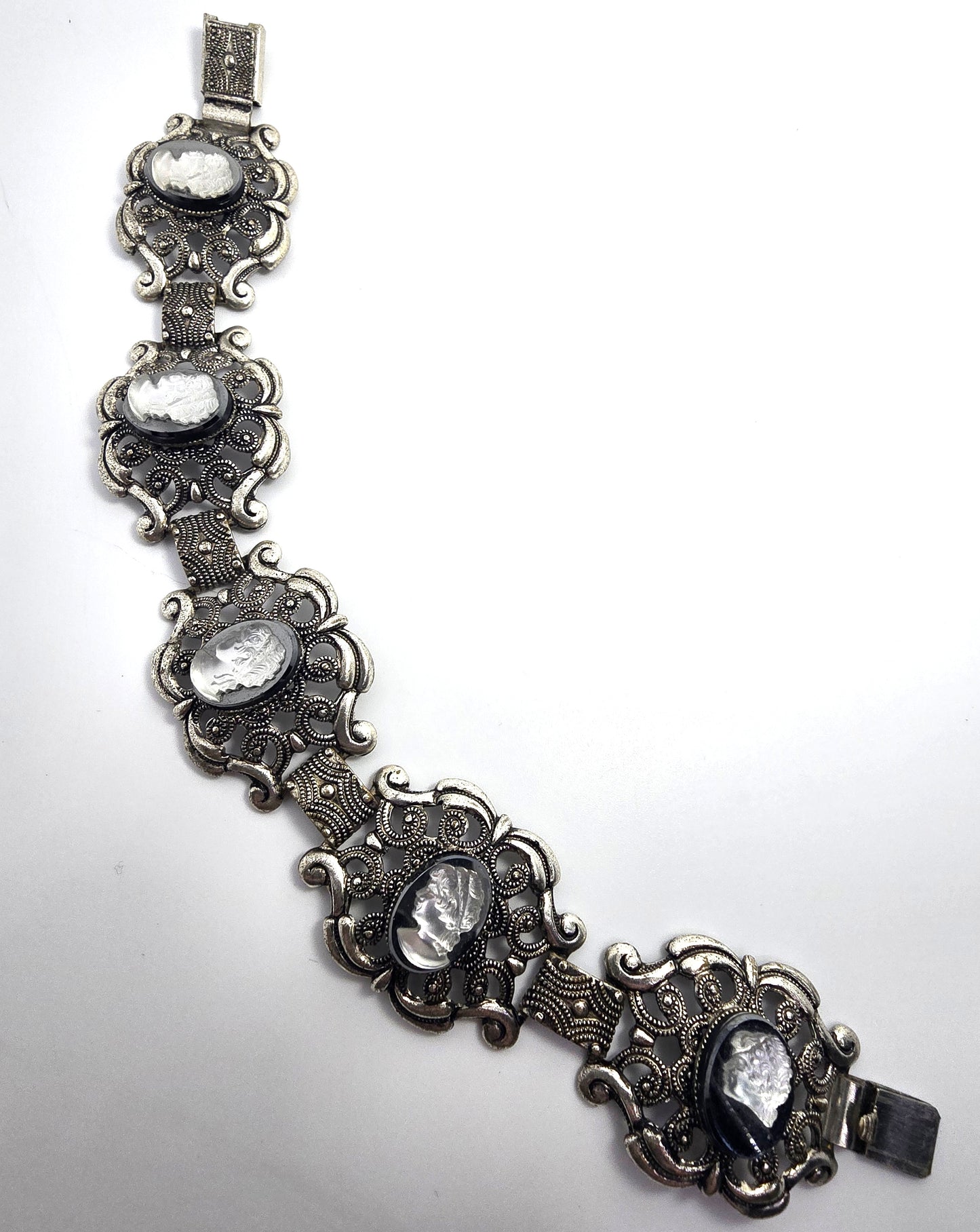 Victorian Revival black and white glass cameo vintage panel bracelet