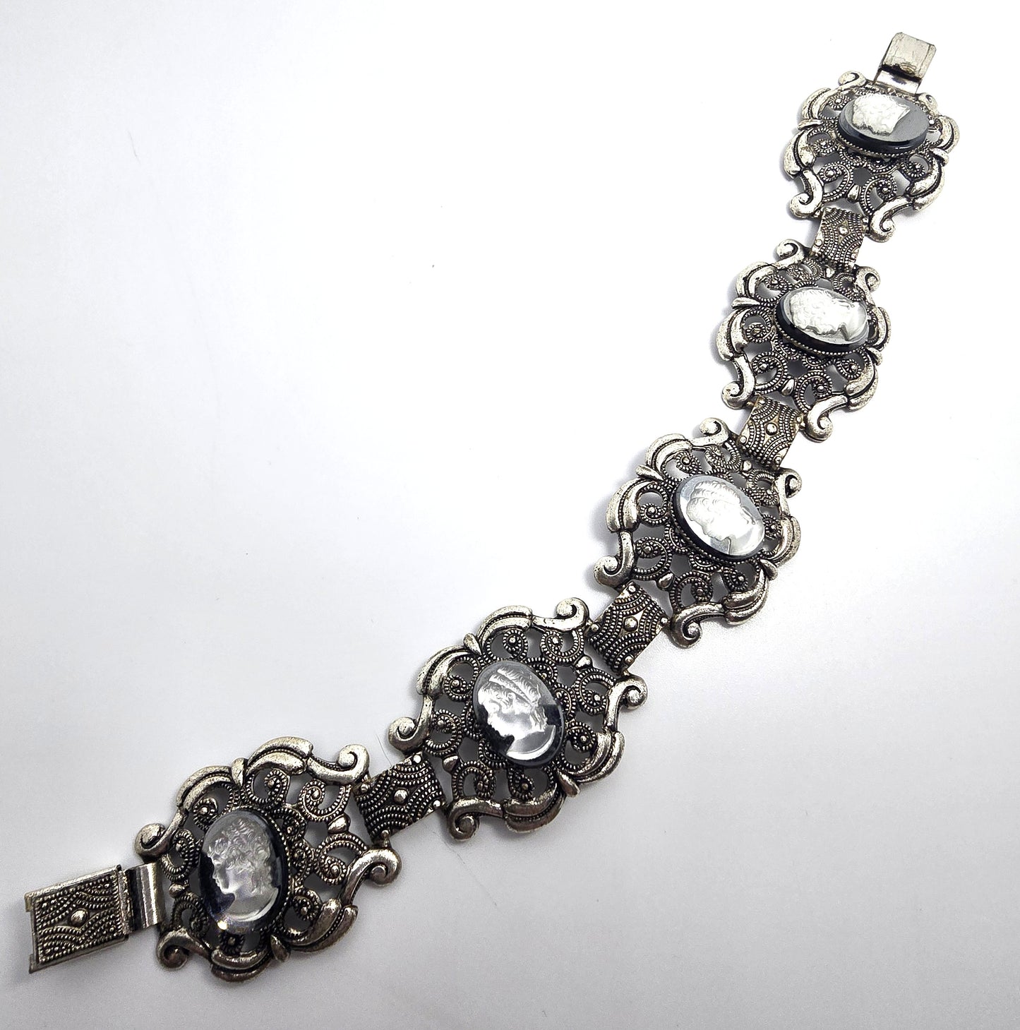 Victorian Revival black and white glass cameo vintage panel bracelet