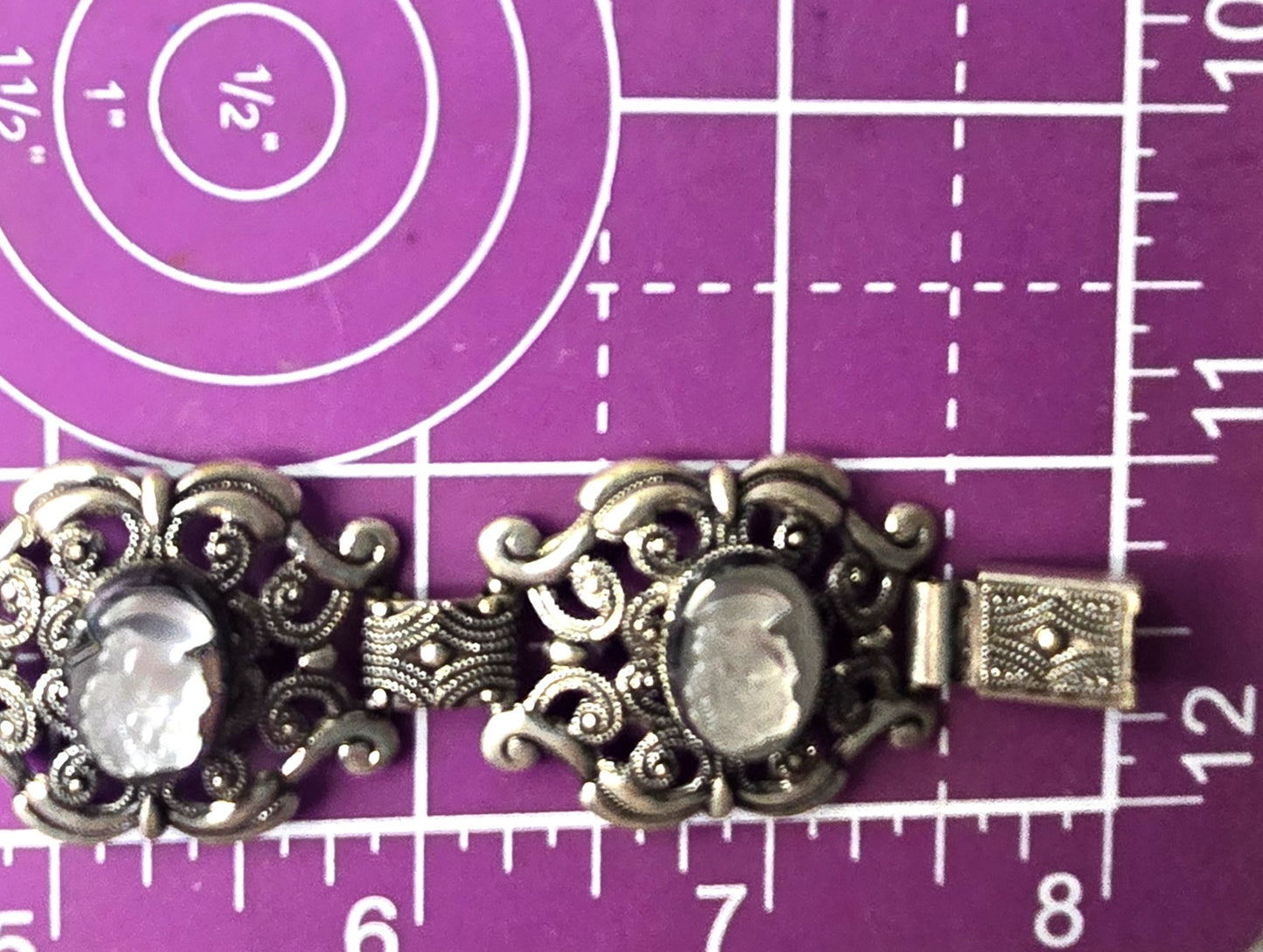 Victorian Revival black and white glass cameo vintage panel bracelet