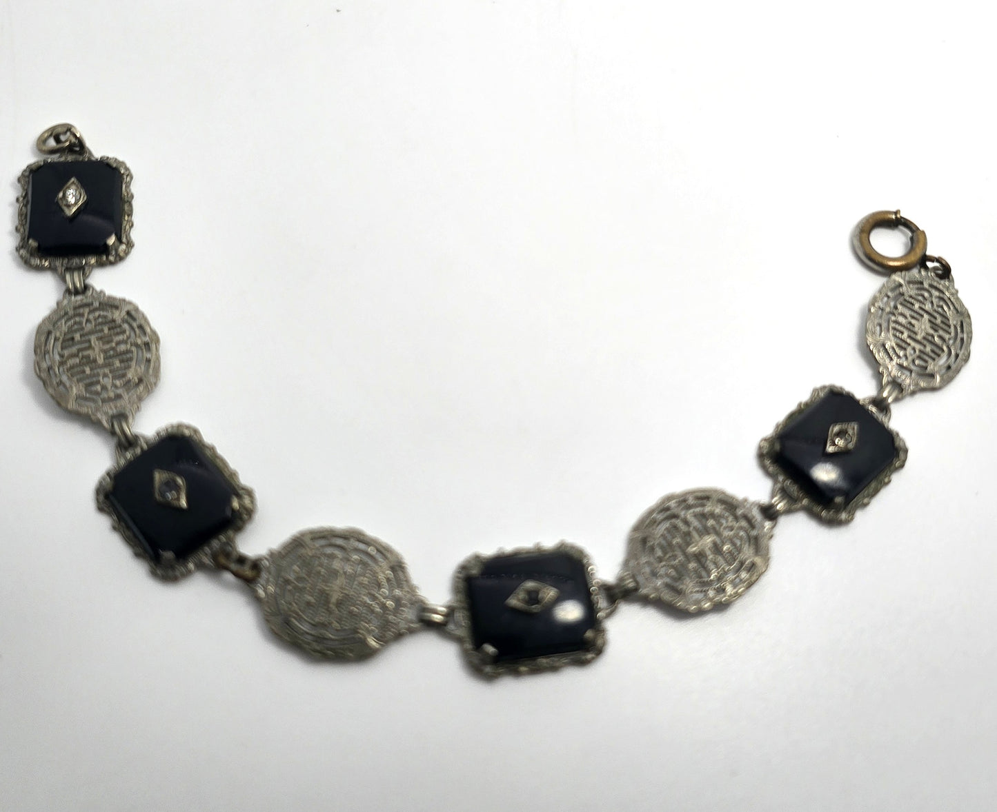 Art Deco Black Camphor glass plated filigree vintage rhinestone bracelet