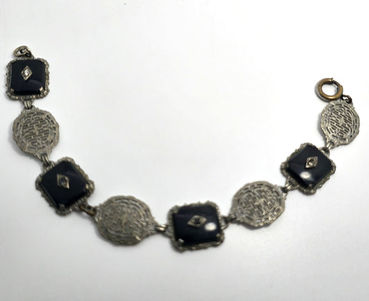 Art Deco Black Camphor glass plated filigree vintage rhinestone bracelet