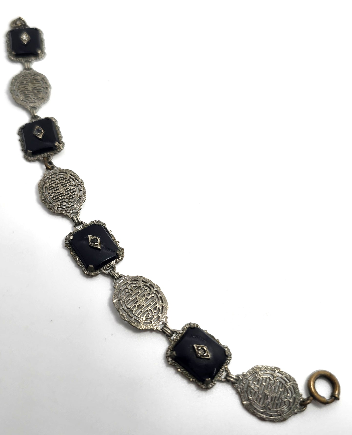 Art Deco Black Camphor glass plated filigree vintage rhinestone bracelet