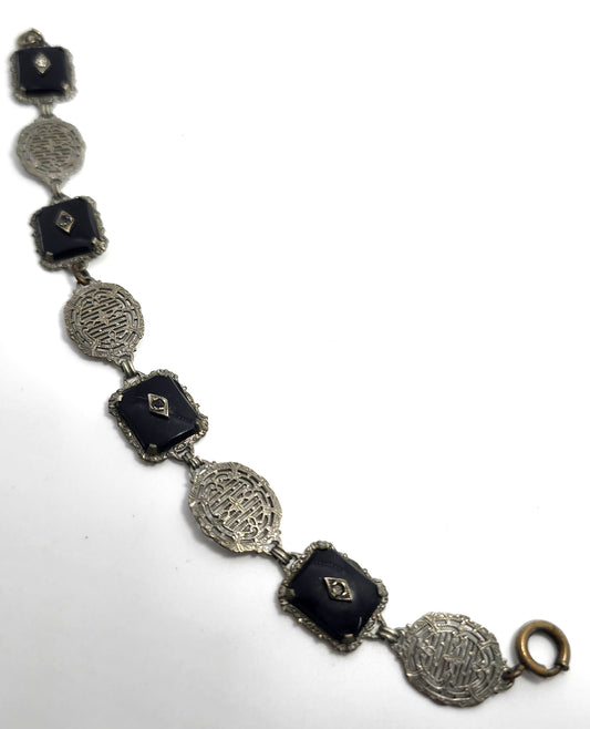 Art Deco Black Camphor glass plated filigree vintage rhinestone bracelet