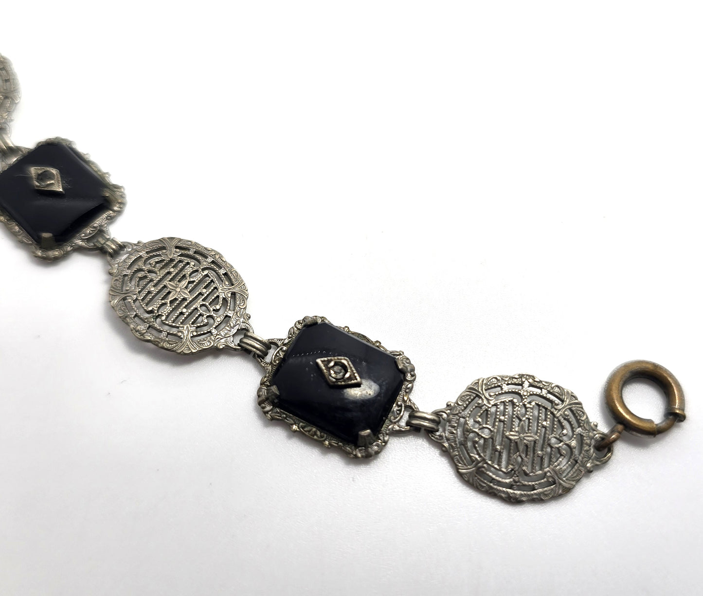 Art Deco Black Camphor glass plated filigree vintage rhinestone bracelet