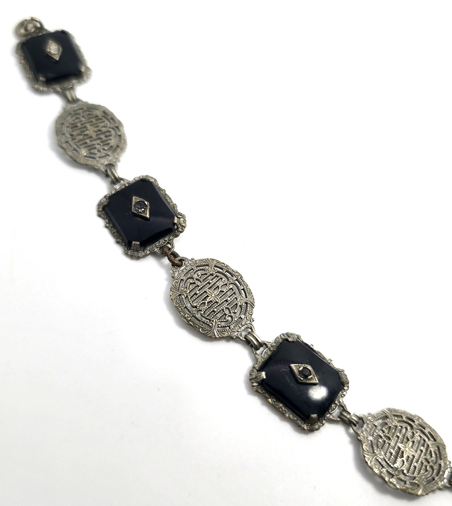 Art Deco Black Camphor glass plated filigree vintage rhinestone bracelet