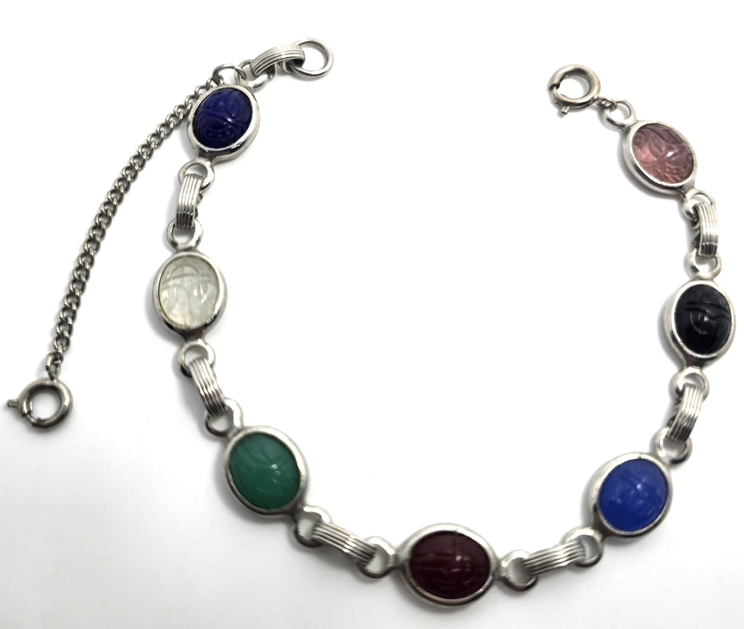 Egyptian Revival scarab beetle molded glass silver toned vintage 7.25" bracelet