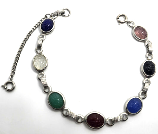 Egyptian Revival scarab beetle molded glass silver toned vintage 7.25" bracelet