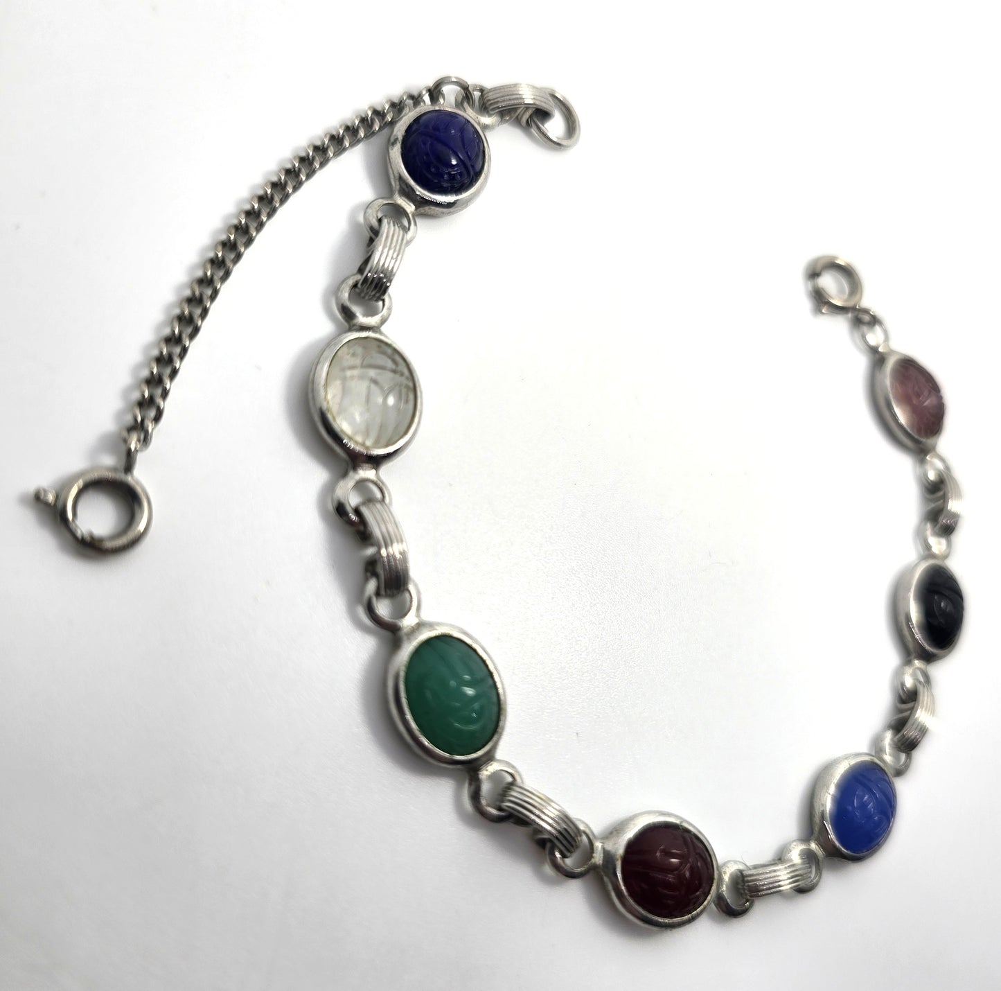 Egyptian Revival scarab beetle molded glass silver toned vintage 7.25" bracelet