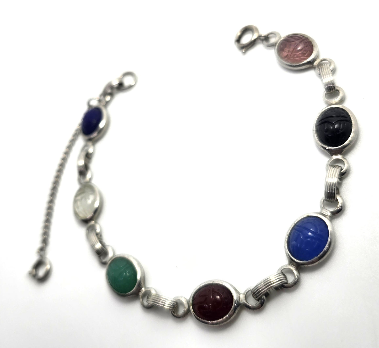 Egyptian Revival scarab beetle molded glass silver toned vintage 7.25" bracelet