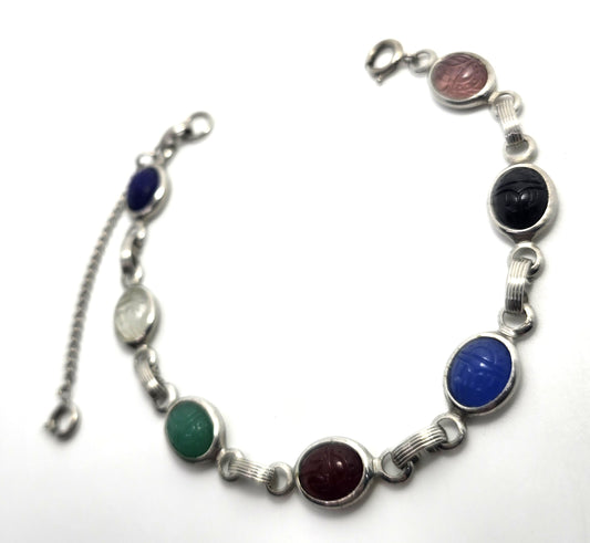 Egyptian Revival scarab beetle molded glass silver toned vintage 7.25" bracelet