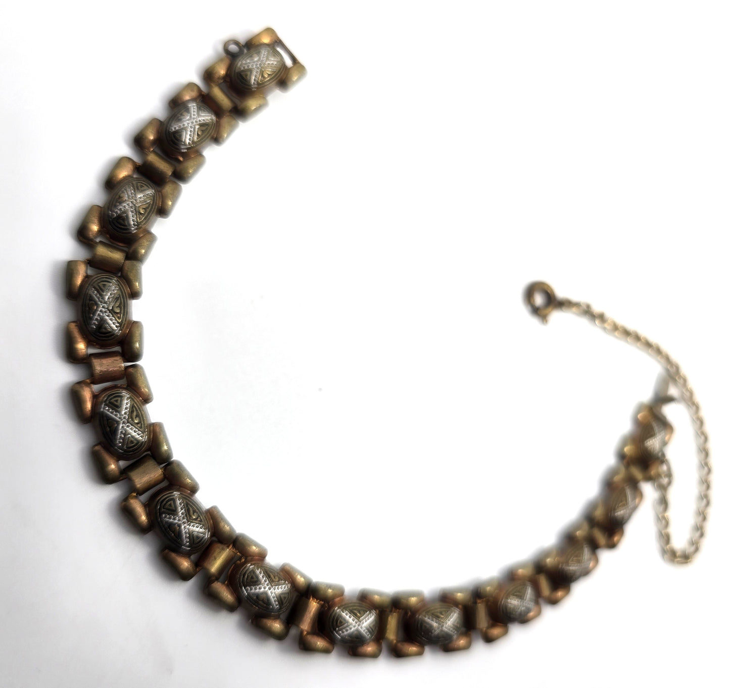 Spanish Damascene etched enamel vintage panel tennis bracelet