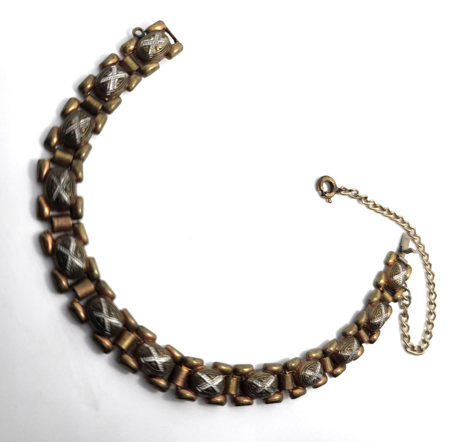 Spanish Damascene etched enamel vintage panel tennis bracelet