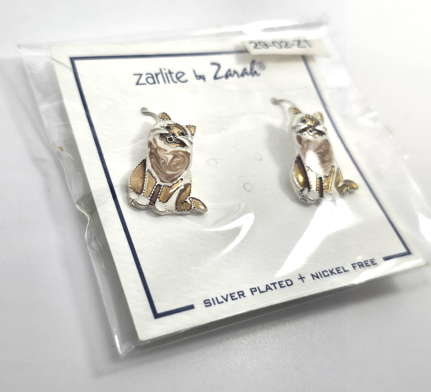 Zarah Zarlite Ragdoll cat kitty enamel silver plated drop earrings NEW