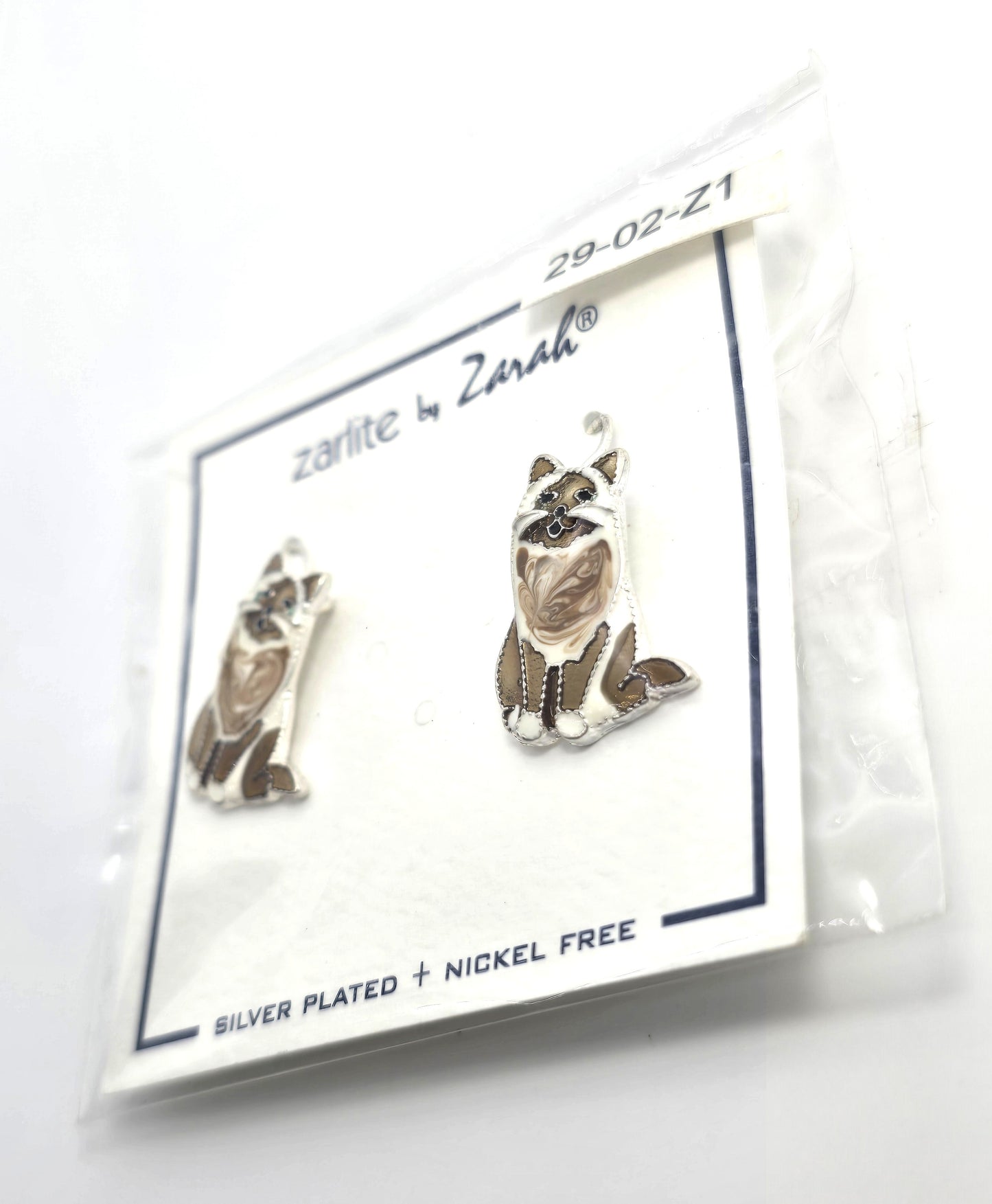 Zarah Zarlite Ragdoll cat kitty enamel silver plated drop earrings NEW