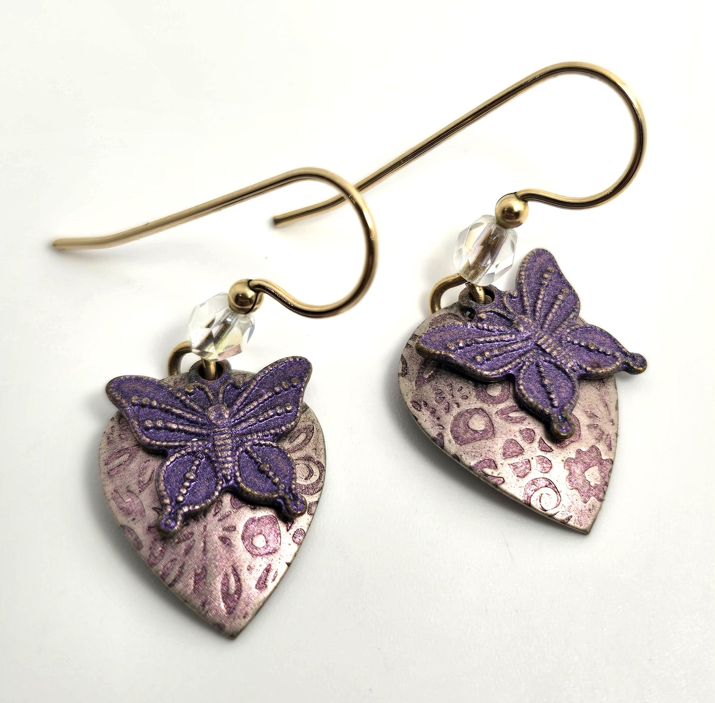 Holly Yashi Purple pink butterfly Niobium metal gold filled hook drop earrings