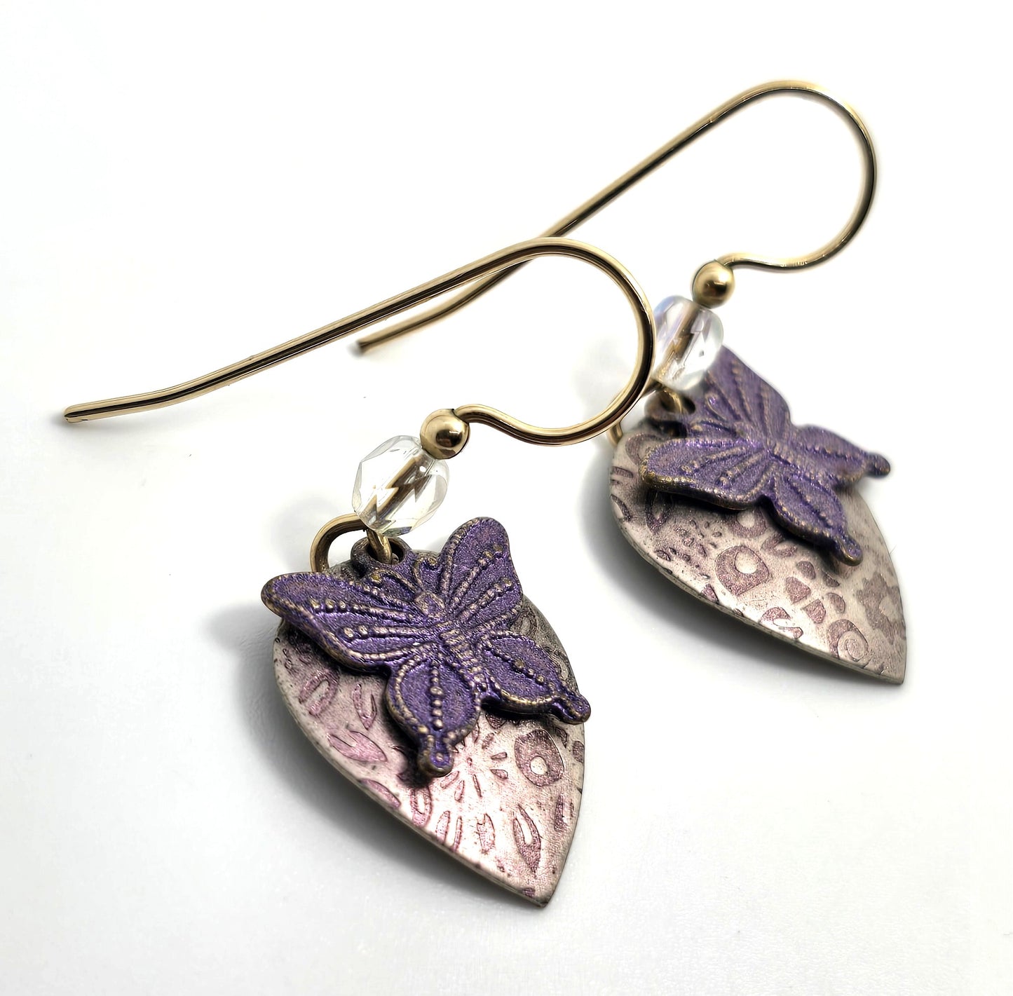 Holly Yashi Purple pink butterfly Niobium metal gold filled hook drop earrings