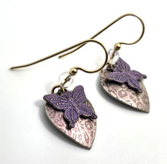 Holly Yashi Purple pink butterfly Niobium metal gold filled hook drop earrings