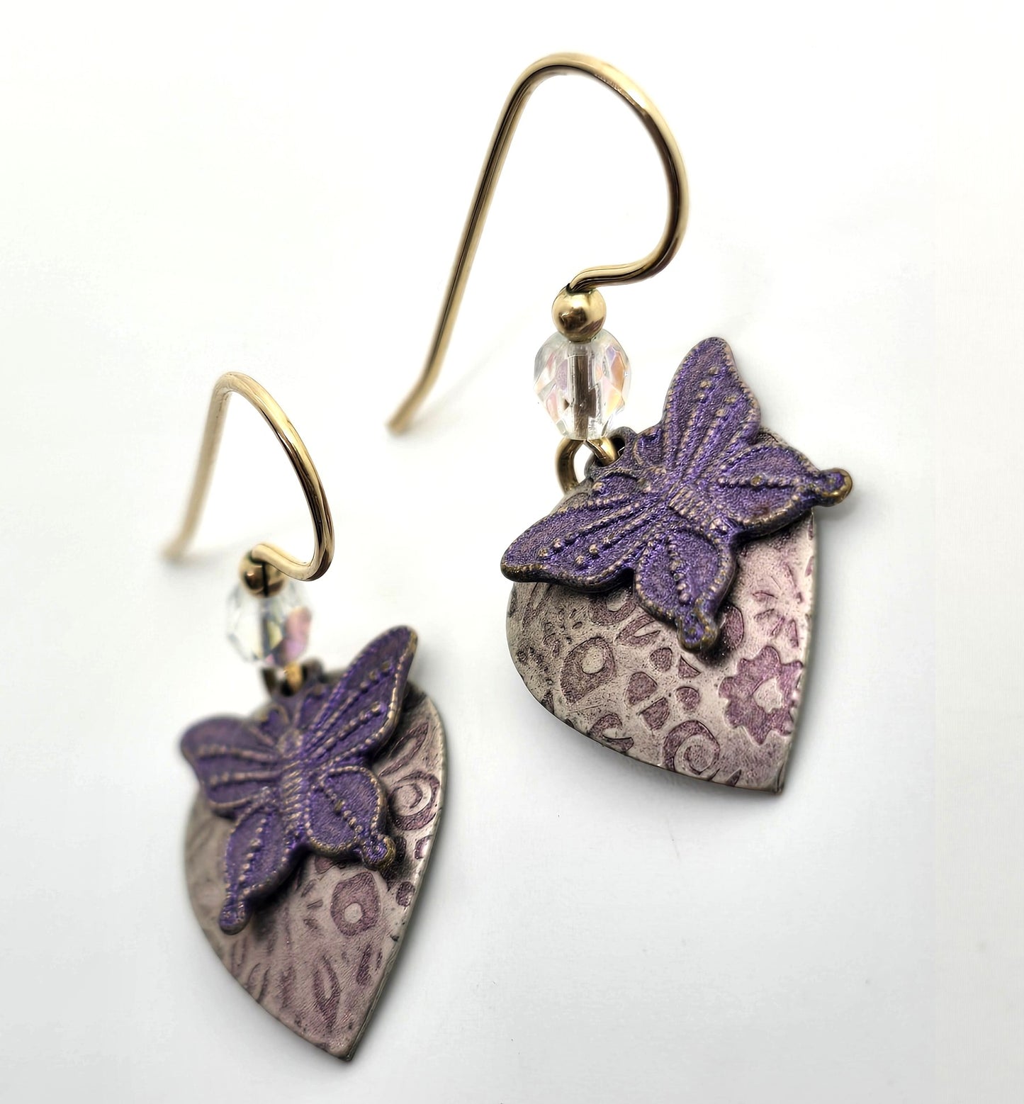 Holly Yashi Purple pink butterfly Niobium metal gold filled hook drop earrings