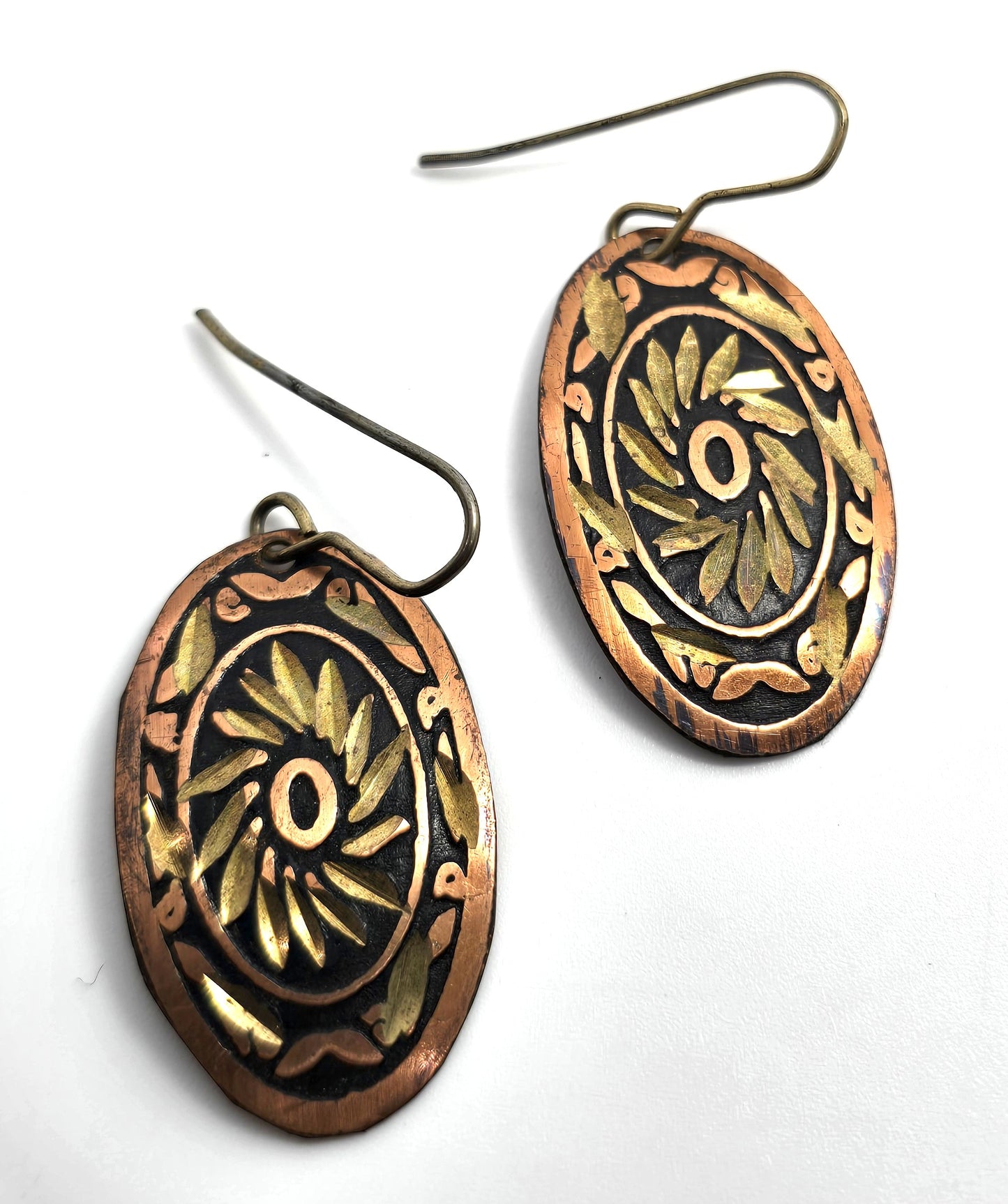 Art Deco style copper and yellow gold-tone oval vintage etched earrings