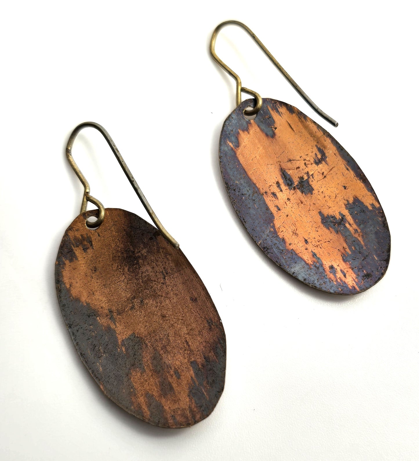 Art Deco style copper and yellow gold-tone oval vintage etched earrings