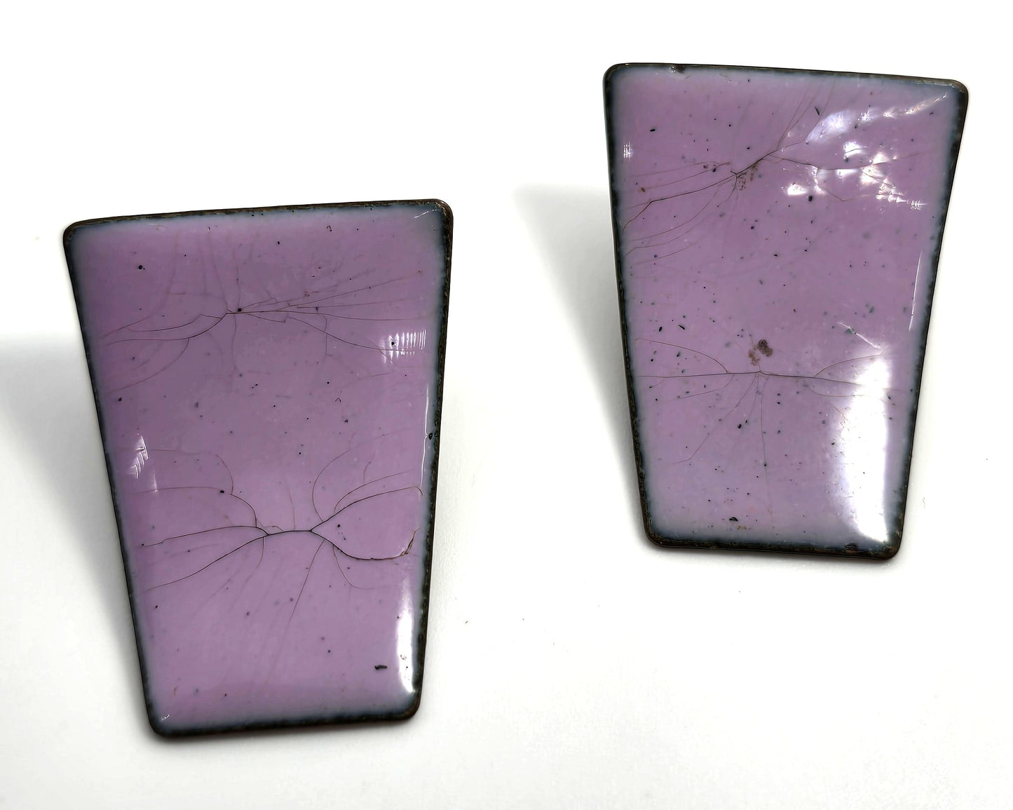 Lavender purple enamel painted copper Modernist vintage clip on earrings