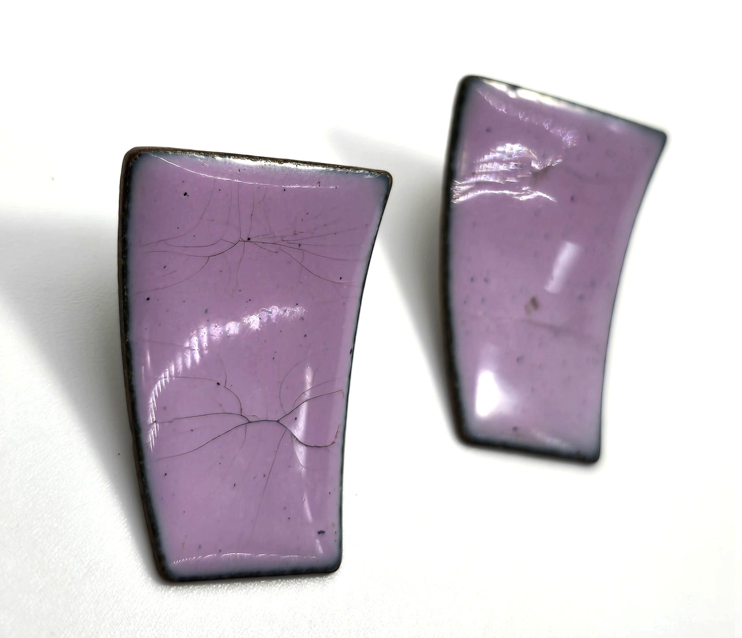Lavender purple enamel painted copper Modernist vintage clip on earrings