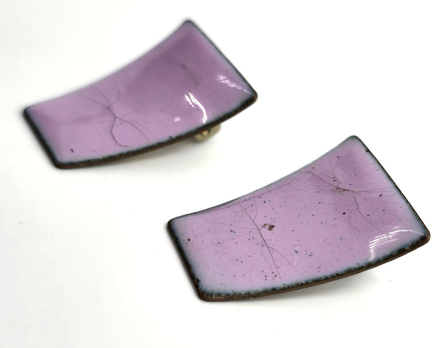 Lavender purple enamel painted copper Modernist vintage clip on earrings