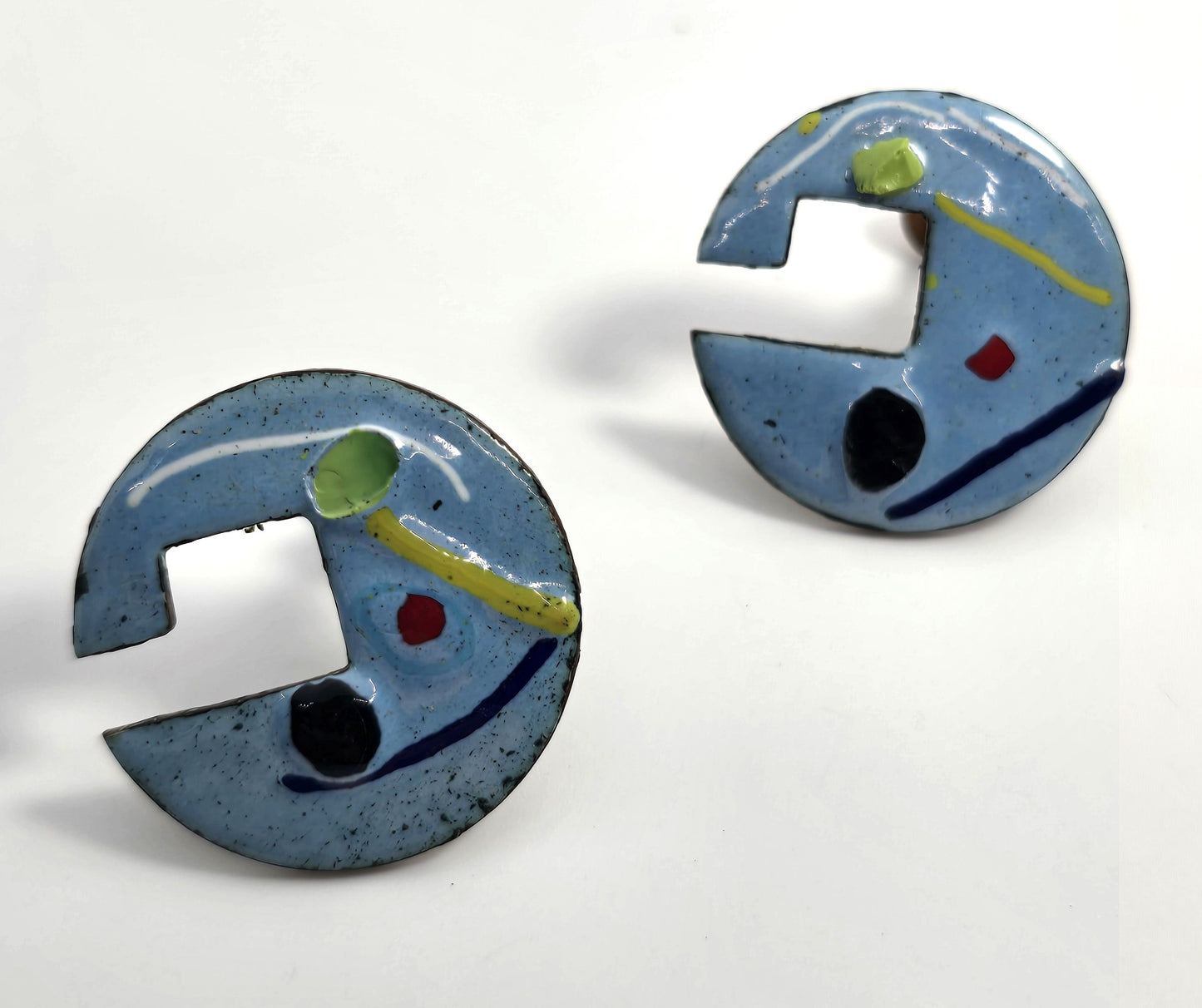 Blue Enamel over copper Artisan Abstract Modernist vintage screw back earrings